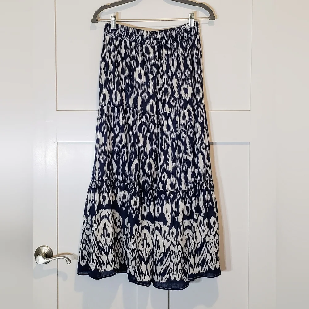 Mlle Gabrielle Maxi Skirt Tiered Lined 100% Cotton Blue White Print Size Small